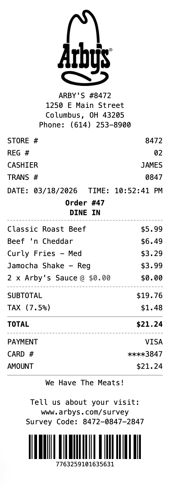 Arby's Receipt receipt template preview