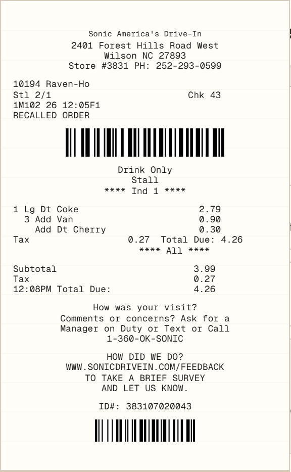 Sonic Drive-In Receipt receipt template preview