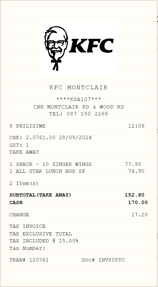 KFC Receipt receipt template preview