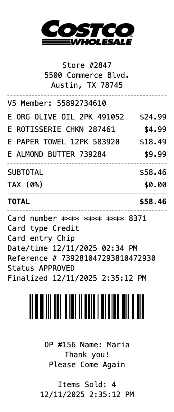 Costco Receipt receipt template preview