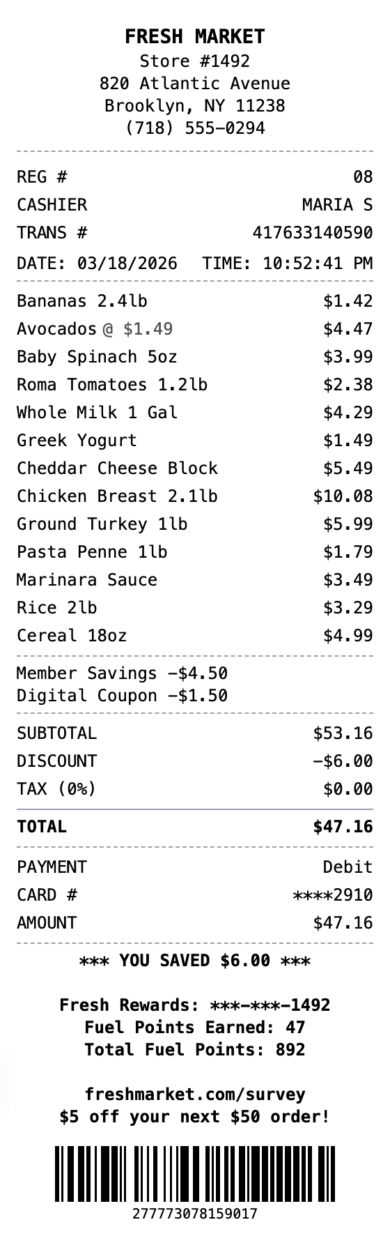 Supermarket POS Receipt receipt template preview