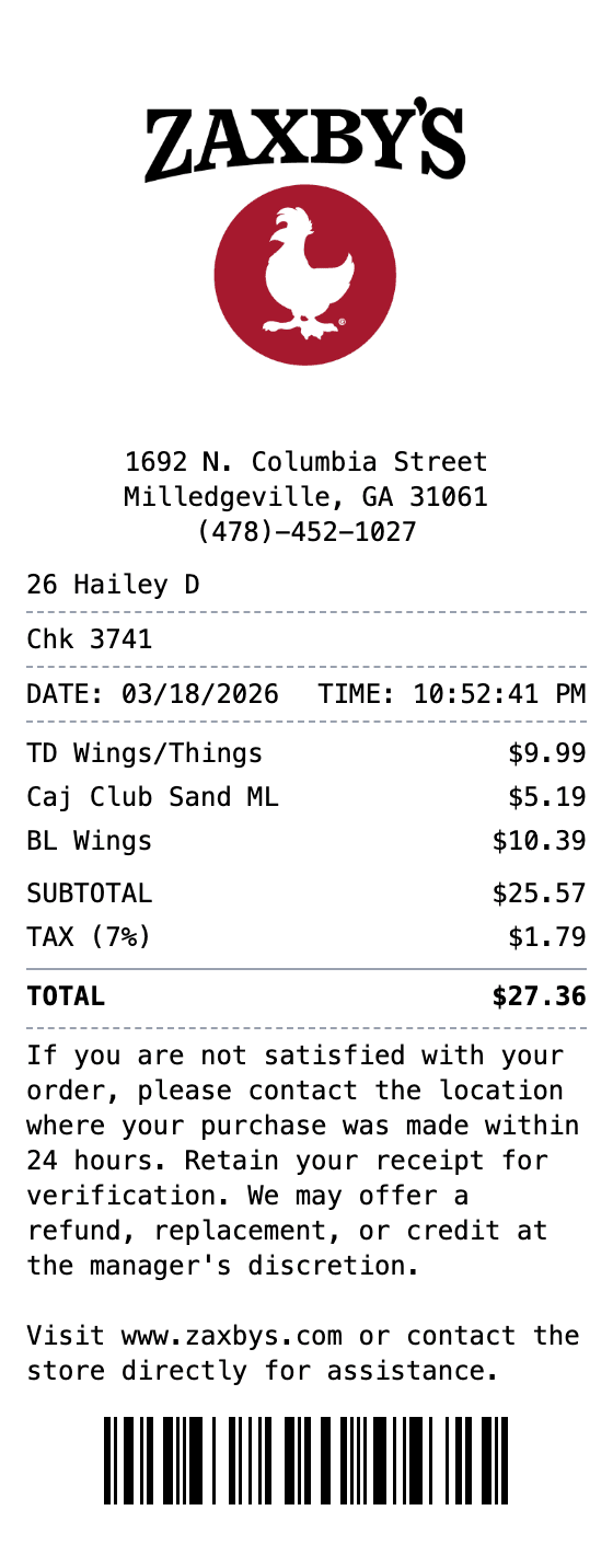 Zaxby's Receipt receipt template preview
