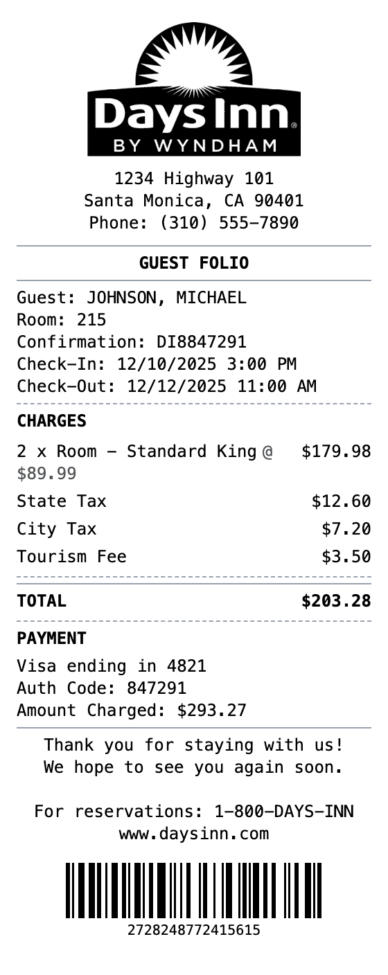 Days Inn Receipt receipt template preview