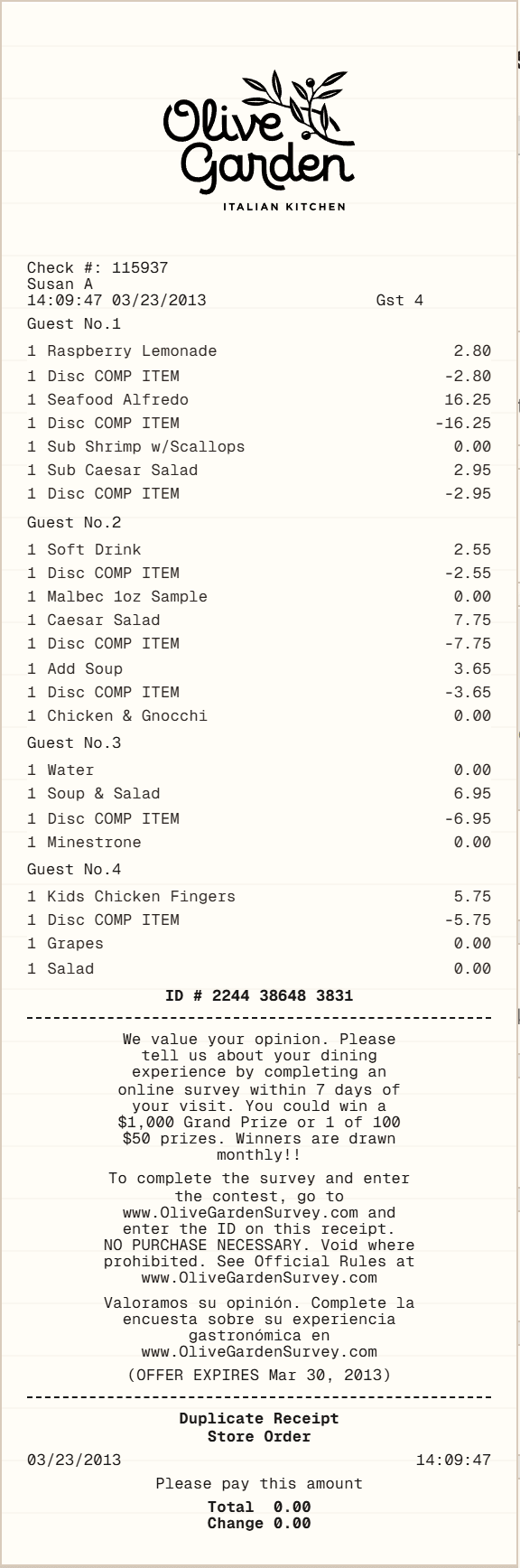 Olive Garden Receipt receipt template preview