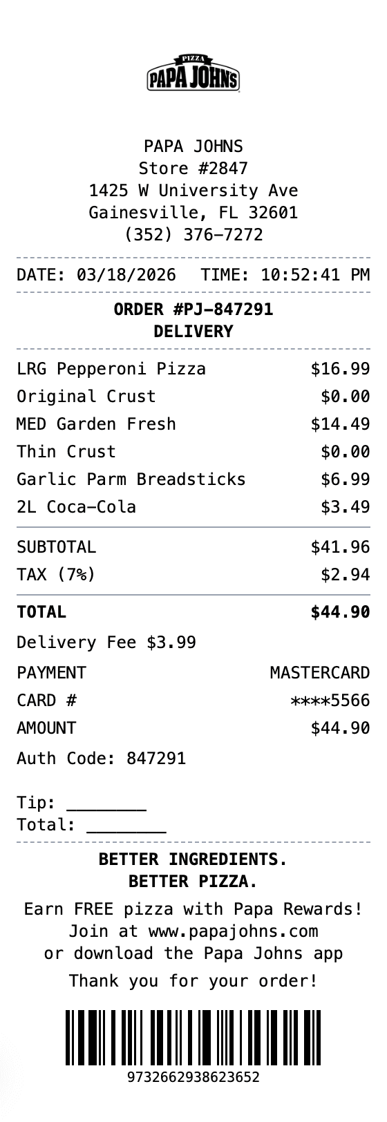 Papa Johns Receipt receipt template preview