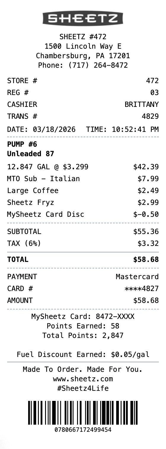 Sheetz Receipt receipt template preview