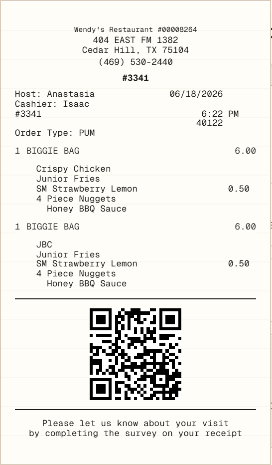 Wendy's Receipt receipt template preview