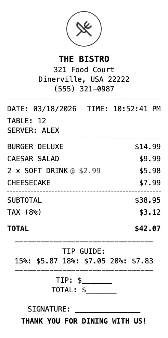 Restaurant Receipt receipt template preview