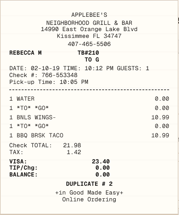 Applebee's Receipt receipt template preview