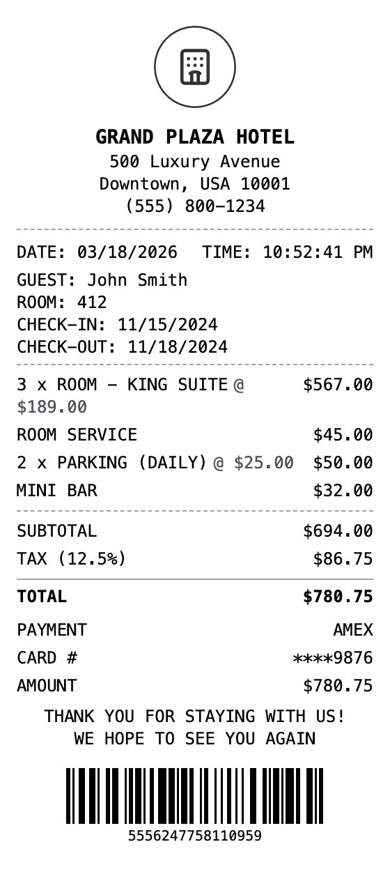 Hotel Receipt receipt template preview