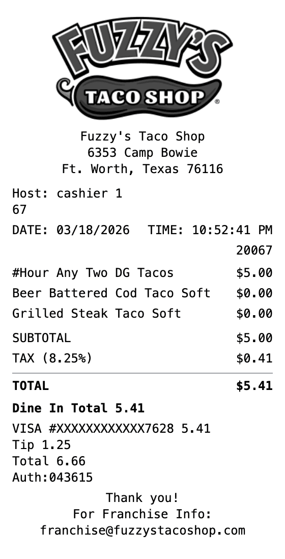 Fuzzy's Taco Shop Receipt receipt template preview