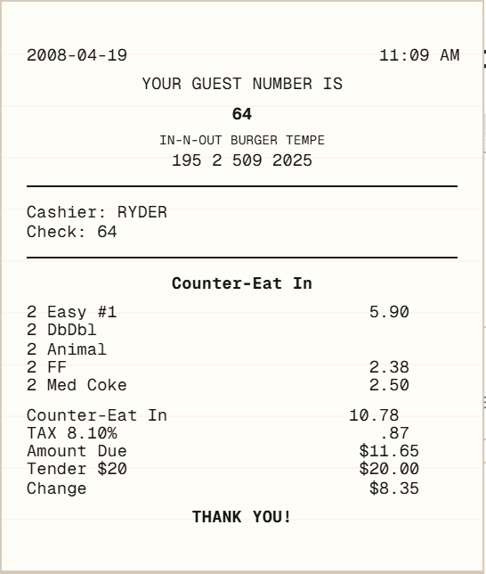 In-N-Out Burger Receipt receipt template preview