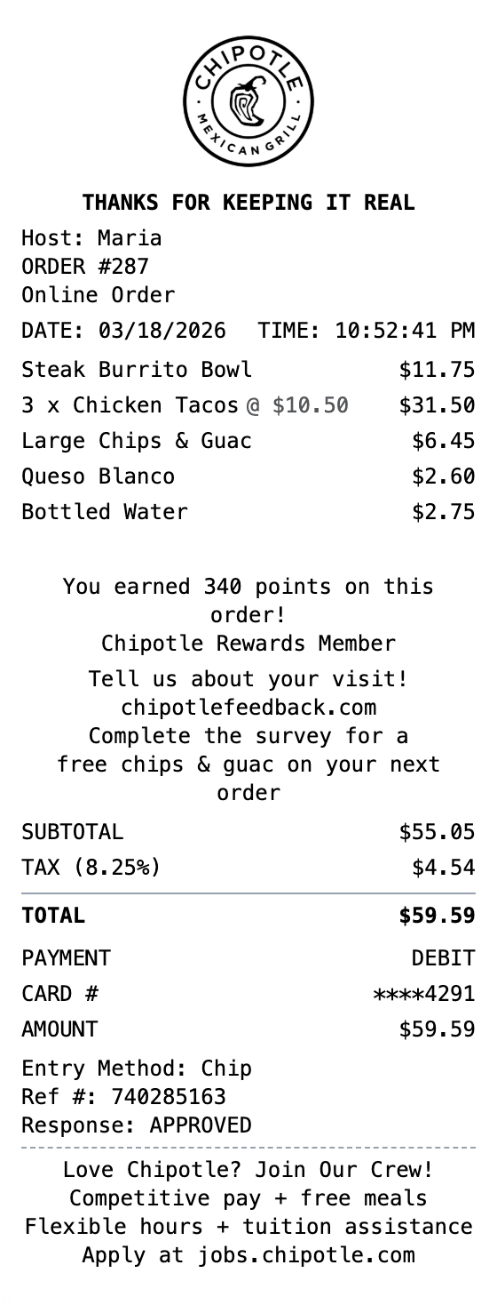 Chipotle Receipt receipt template preview