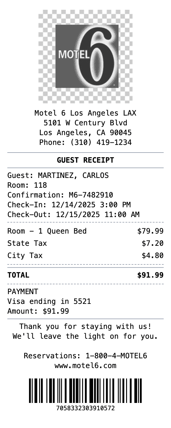 Motel 6 Receipt receipt template preview