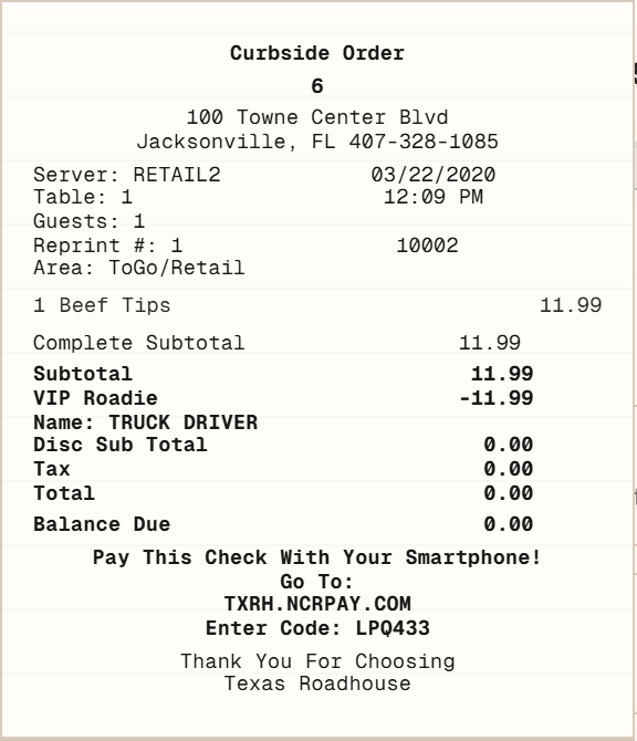 Texas Roadhouse Receipt receipt template preview
