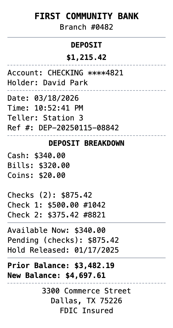 Bank Deposit Receipt receipt template preview