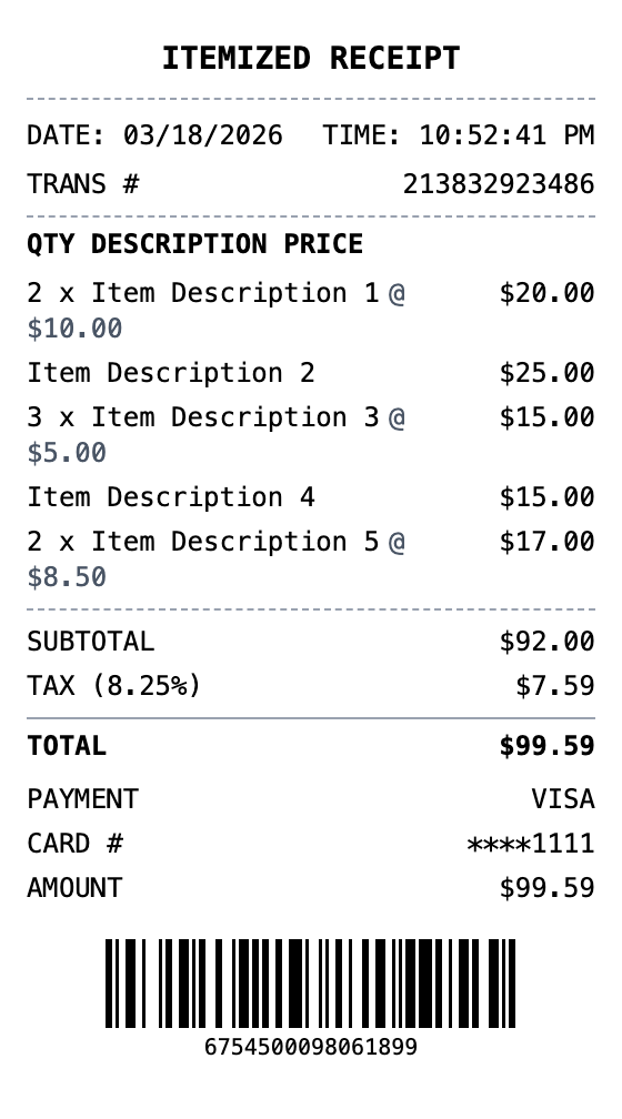 Itemized Receipt receipt template preview