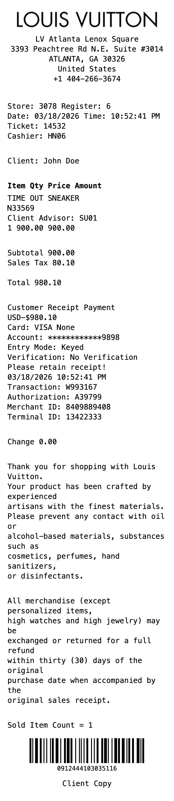 Louis Vuitton Receipt receipt template preview