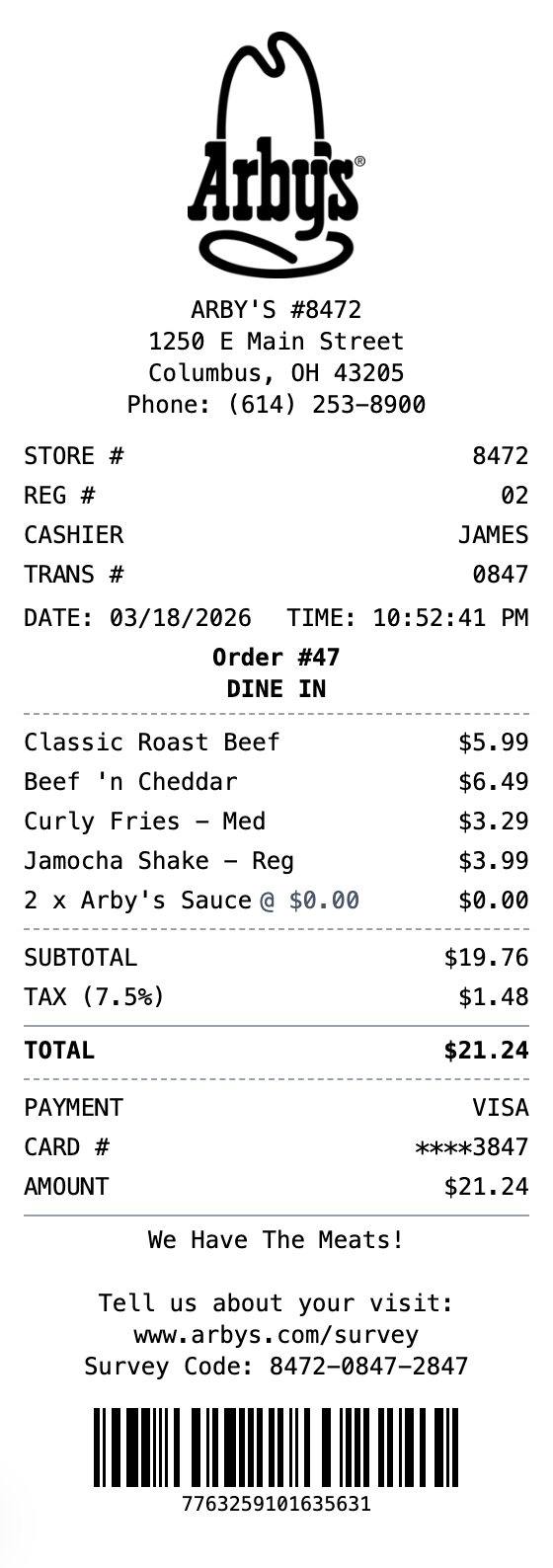 Arby's Receipt receipt template preview