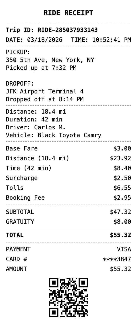 Rideshare Receipt receipt template preview