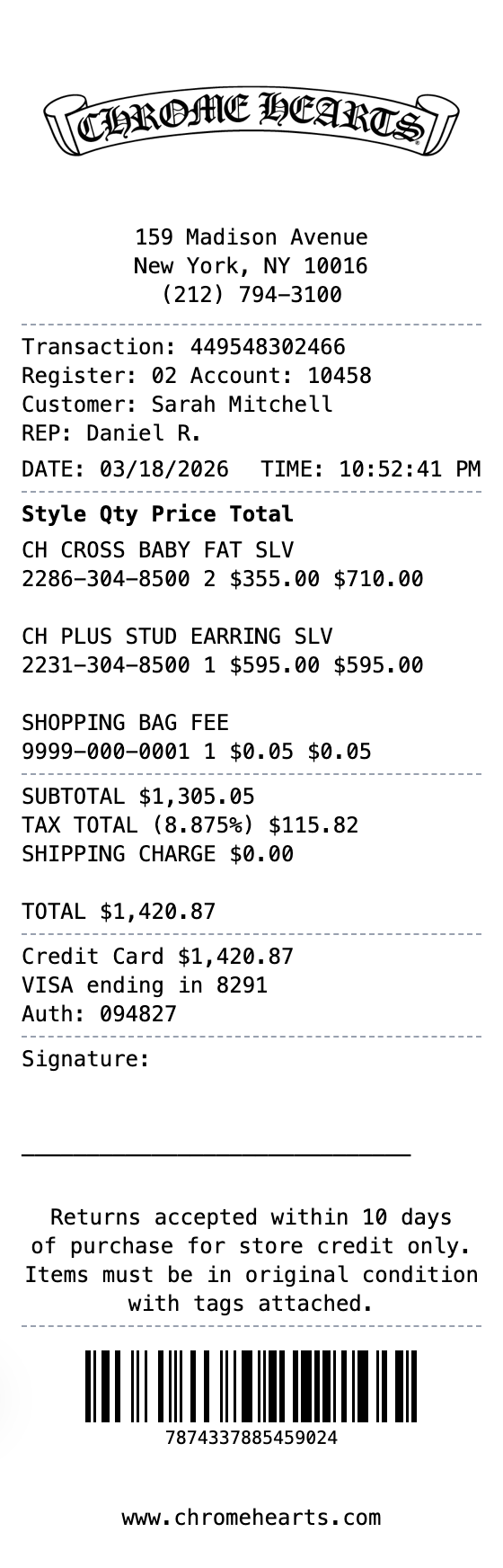 Chrome Hearts Receipt receipt template preview