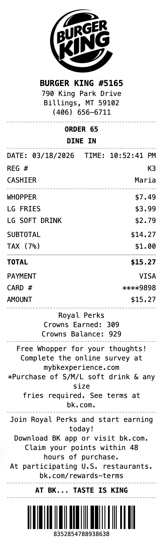 Burger King Receipt receipt template preview