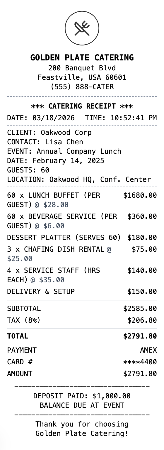 Catering Receipt receipt template preview