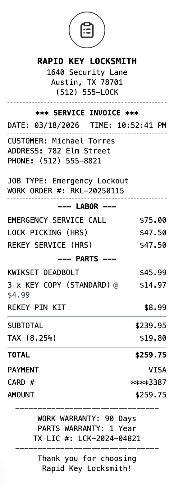 Locksmith Receipt receipt template preview