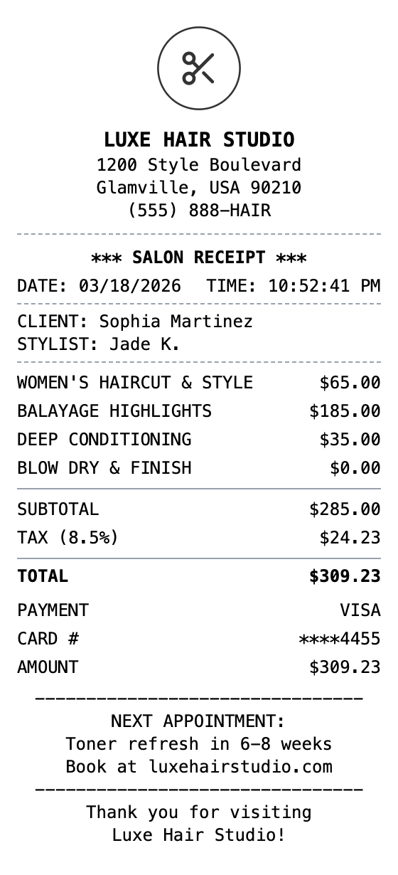 Hair Salon Receipt receipt template preview