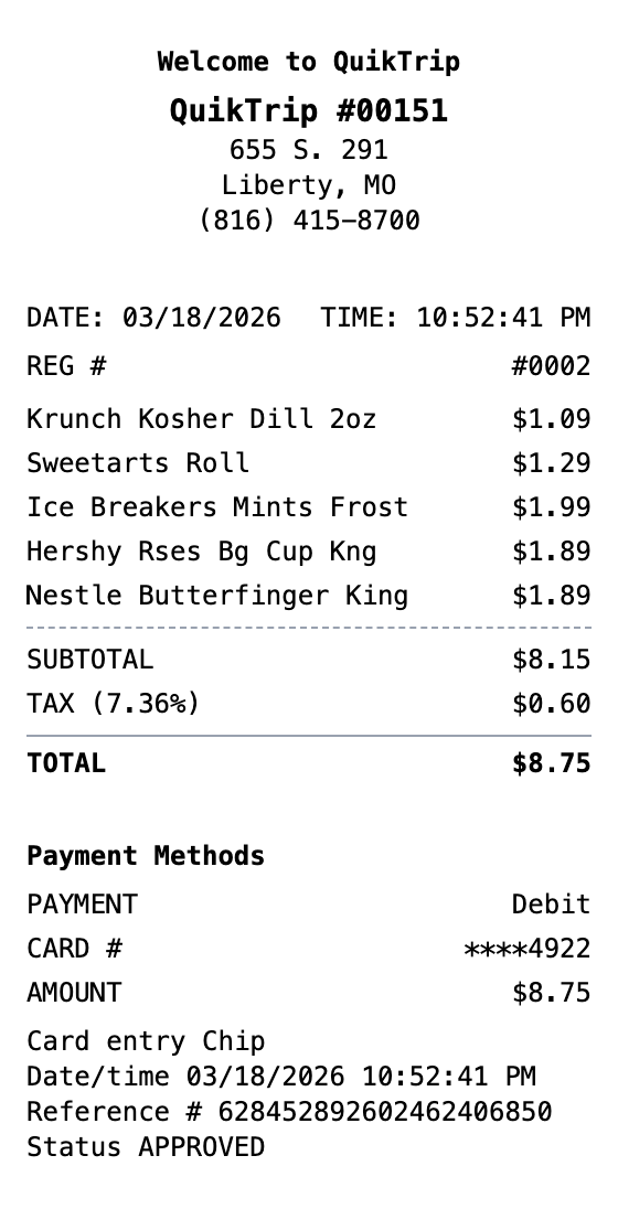 QuikTrip Receipt receipt template preview