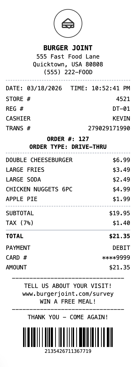 Fast Food Receipt receipt template preview