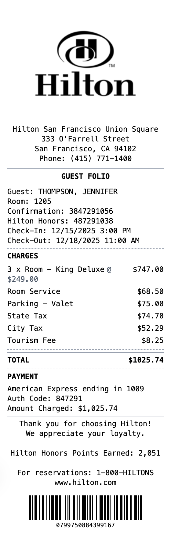 Hilton Receipt receipt template preview