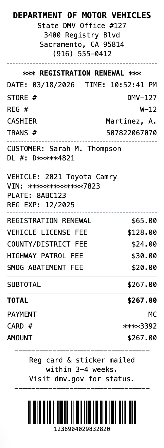 DMV Receipt receipt template preview