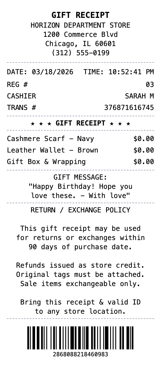 Gift Receipt receipt template preview