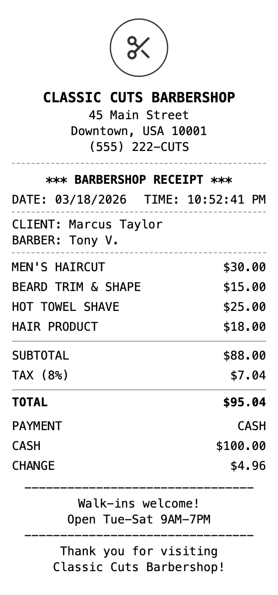 Barber Shop Receipt receipt template preview
