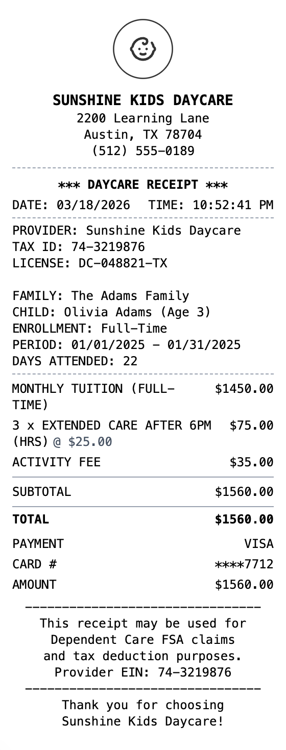 Daycare Receipt receipt template preview