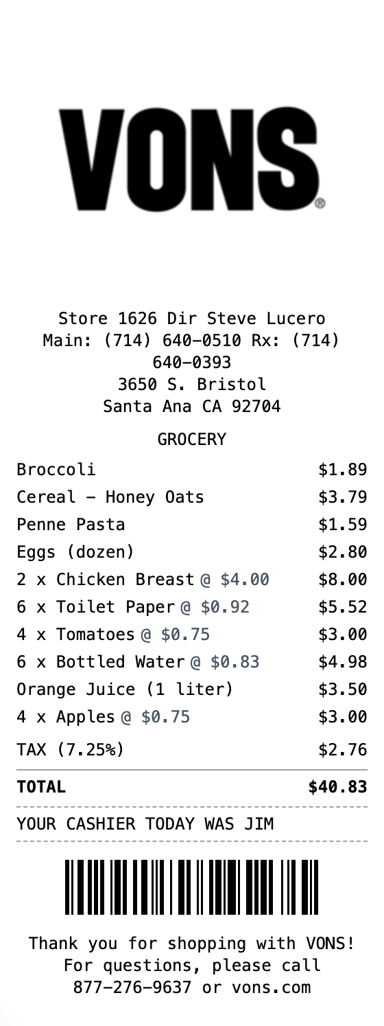 Vons Receipt receipt template preview