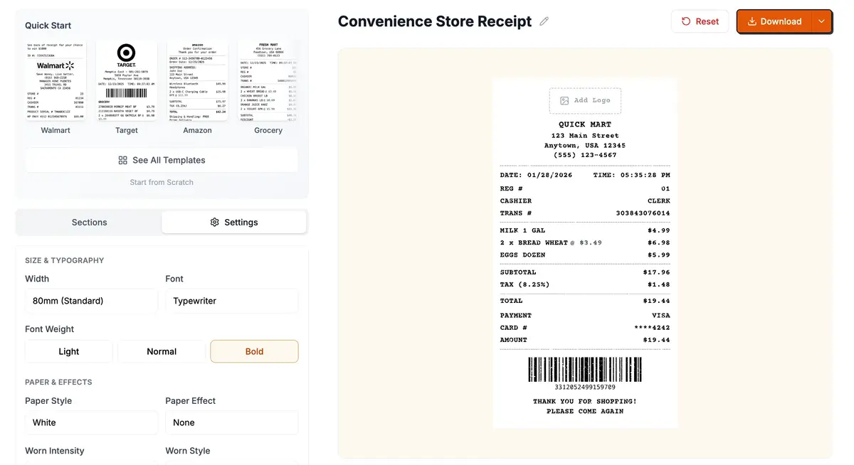 Receipt Generators builder interface
