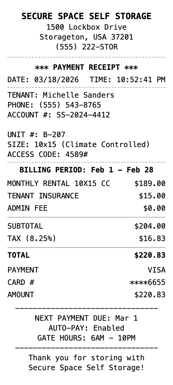 Storage Unit Receipt receipt template preview