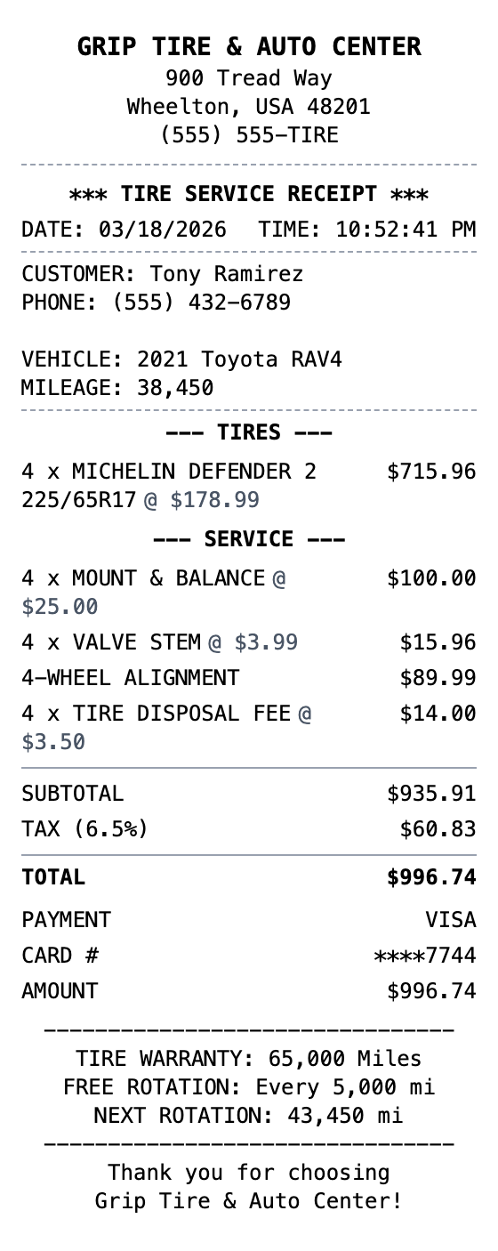 Tire Shop Receipt receipt template preview