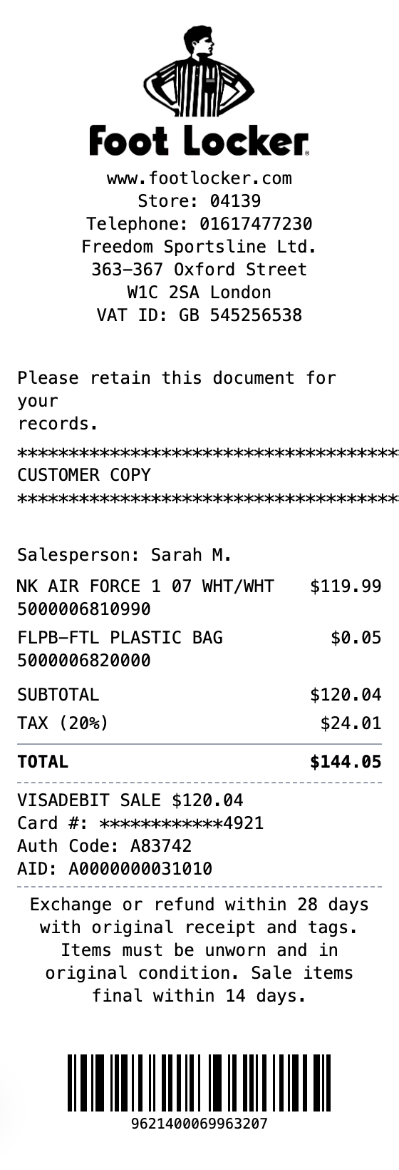 Foot Locker Receipt receipt template preview