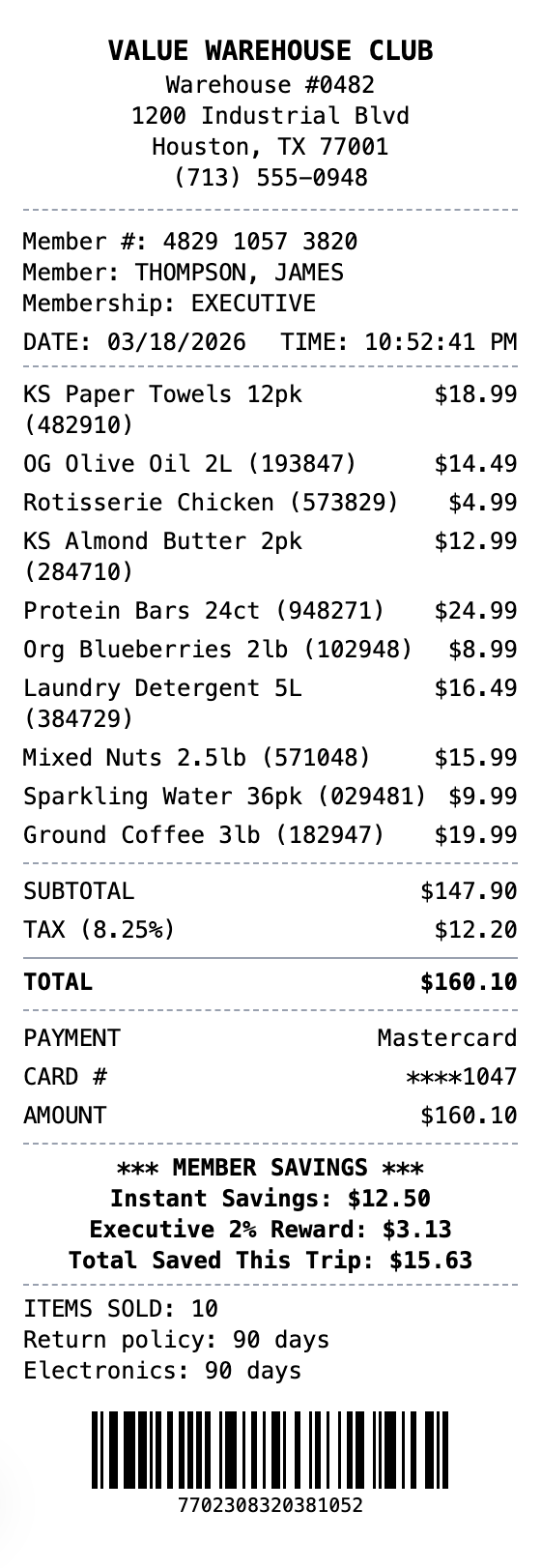 Warehouse Club Receipt receipt template preview