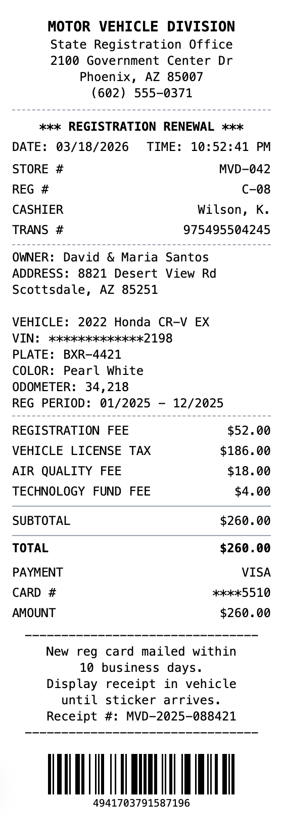 Car Registration Receipt receipt template preview