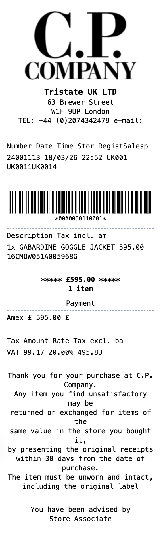 C.P. Company Receipt receipt template preview