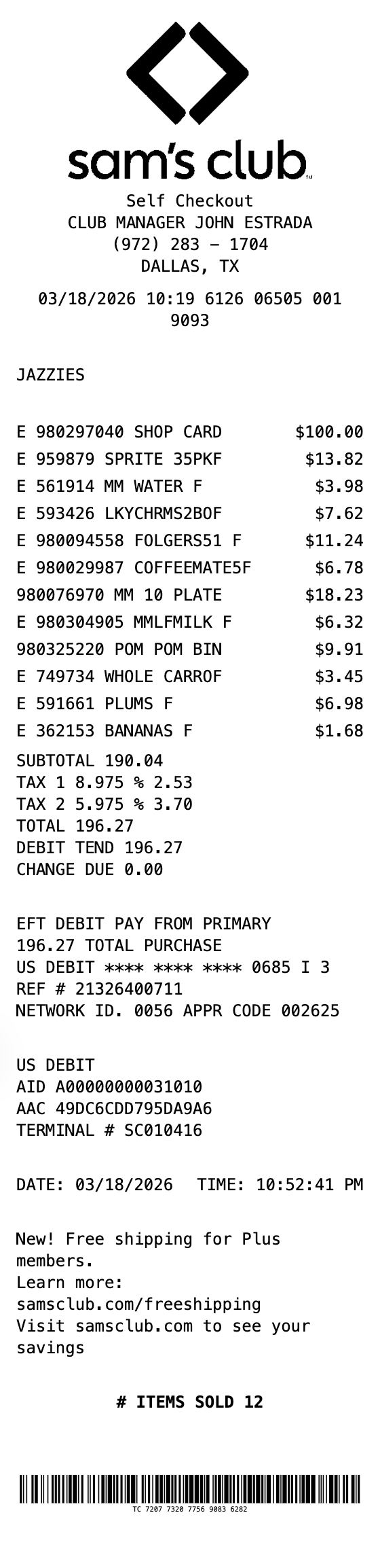 Sam's Club Receipt receipt template preview