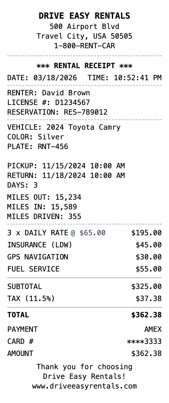 Car Rental Receipt receipt template preview