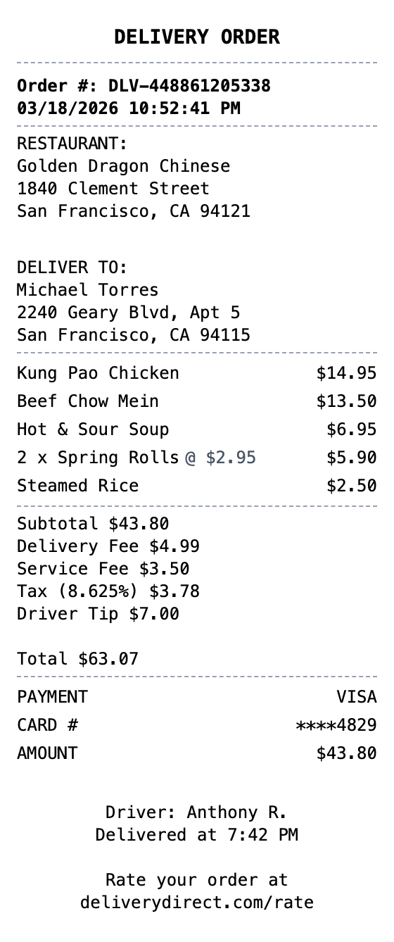 Food Delivery Receipt receipt template preview