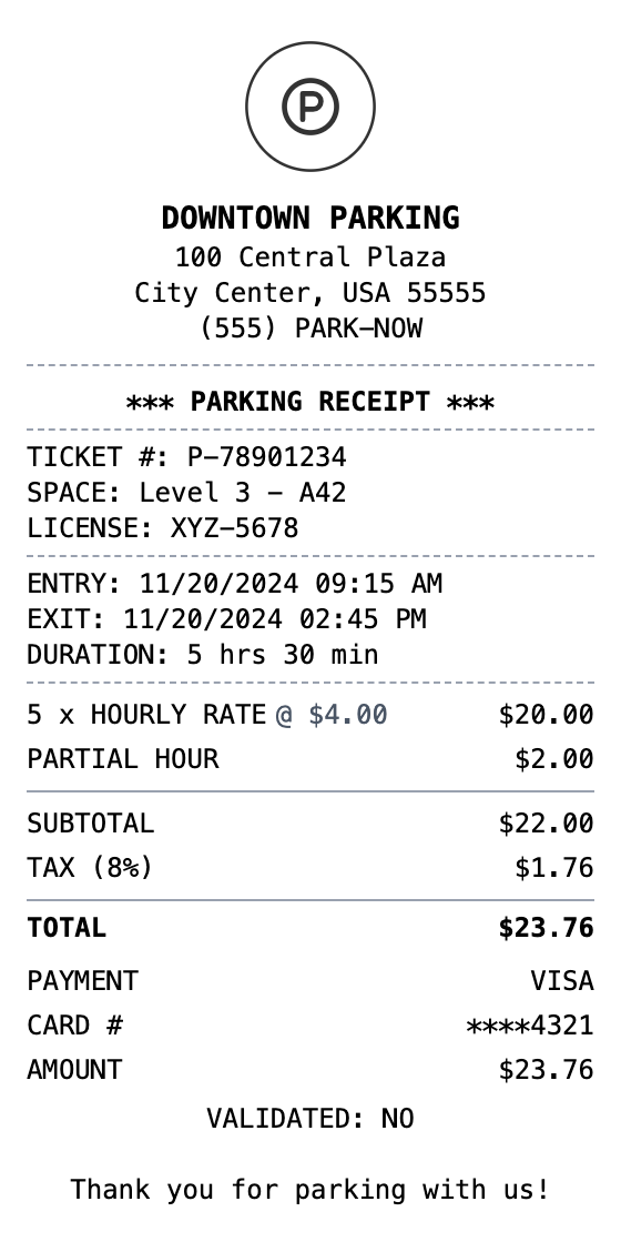 Parking Receipt receipt template preview