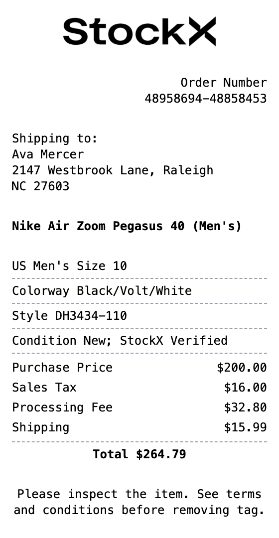 StockX Receipt receipt template preview