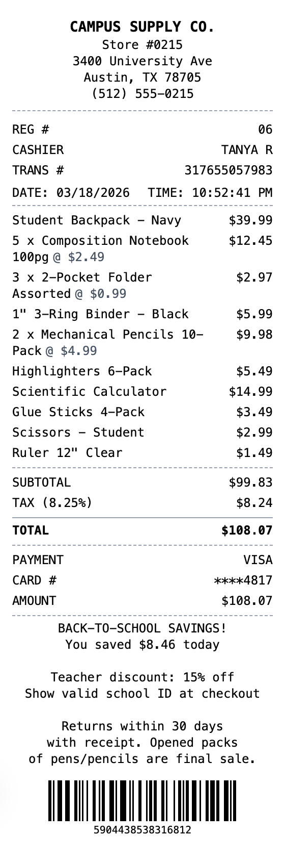 School Supplies Receipt receipt template preview